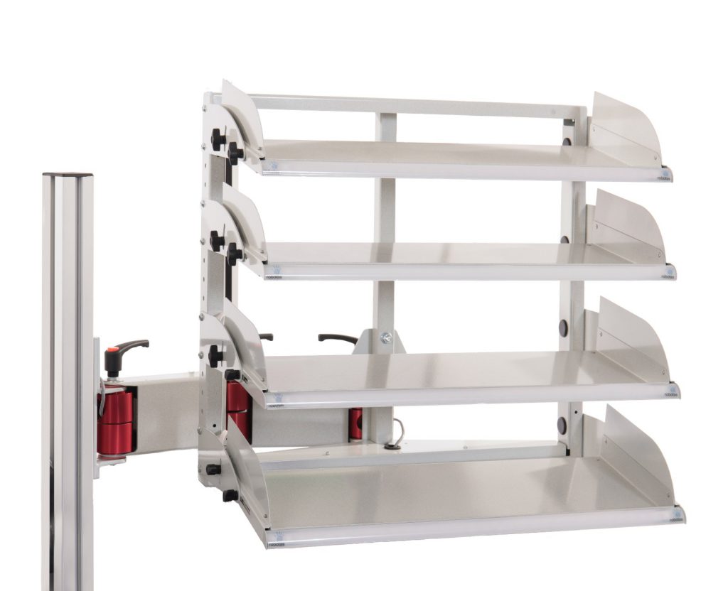 Four tier pick to light tote bin rack hold 20 tote bins, picking location indicated by lights.Includes an articulated mounting arm.