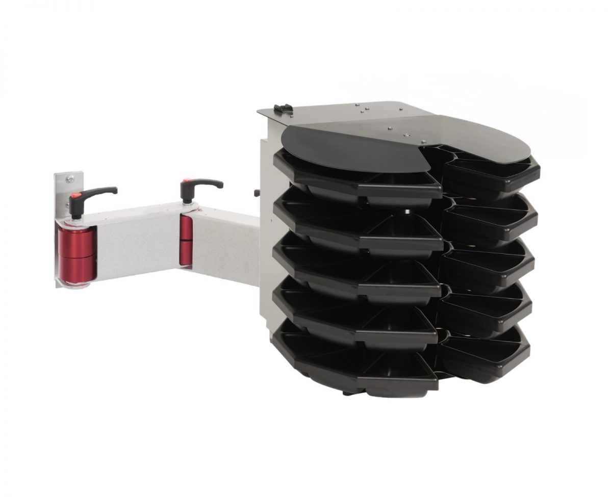 Motorised rotary part dispenser with 50 strorage bins. Includes an articulated mounting arm.