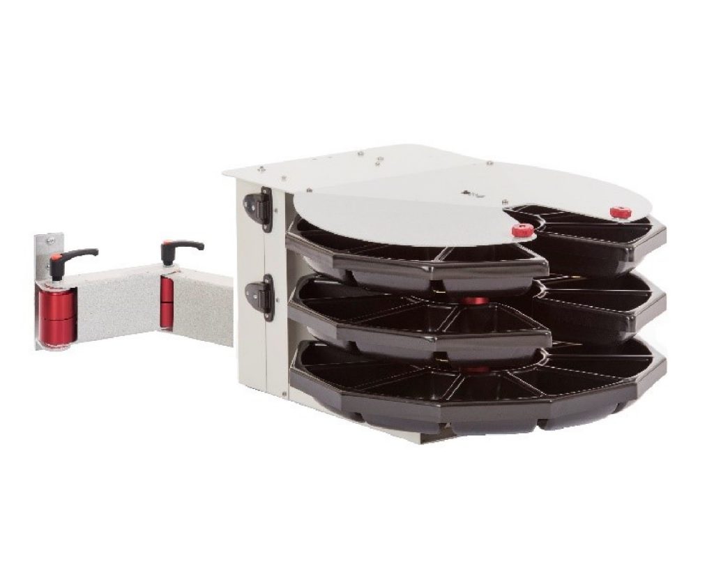 Motorised rotary part dispenser with 30 strorage bins. Includes an articulated mounting arm.